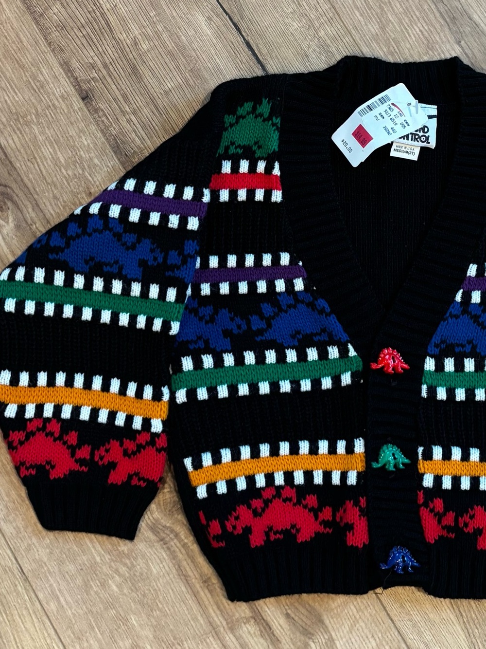 Vintage 1990s Ground Control Dino Knit Cardigan Sweater Primary Colors Child 3T